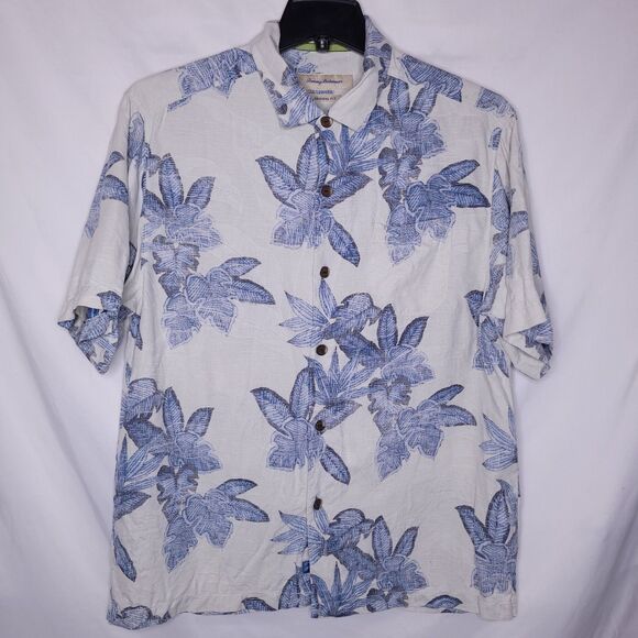 Tommy Bahama Silk Hawaiian Shirt Mens Large Floral Blue, White Original Fit Camp - Picture 1 of 12